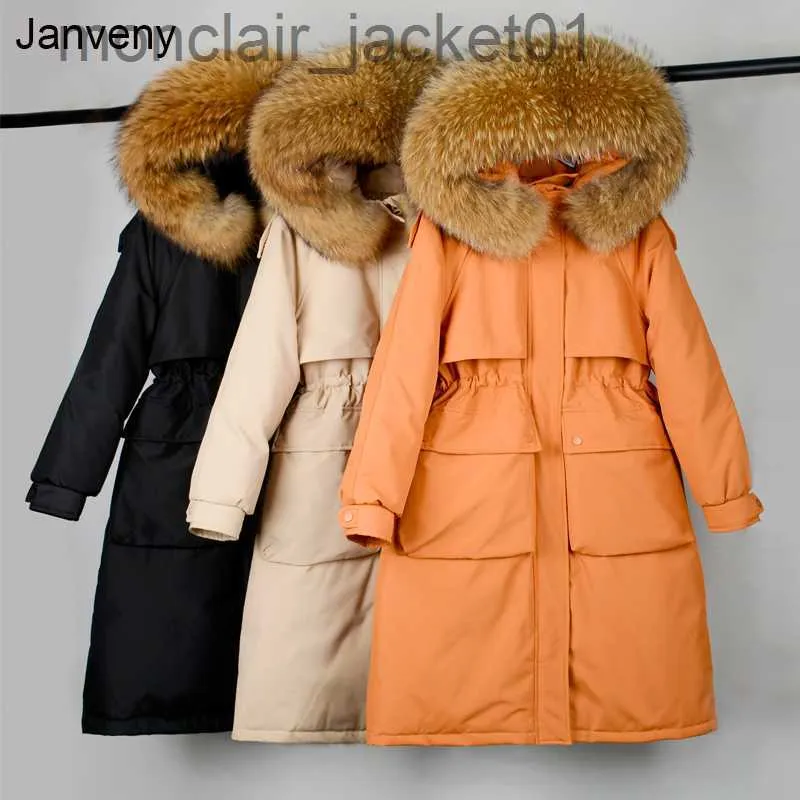 Women's Down Parkas Janveny Large Natural Raccoon Fur Hooded Long Coat Coat Winder 90％Duck Down Parkas女性の厚さSash Tie UpジャケットJ230921