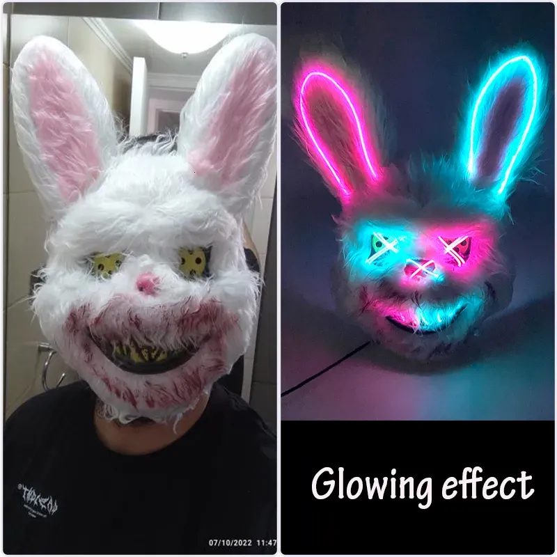 Party Masks Design Scary Neon Glowing Party Bloody Rabbit Cosplay Bunny Mask Halloween Carnival Costume Luminous Props Party LED Mask G0921