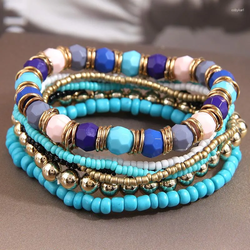 Bracciale con perline multistrato bohémien, braccialetti di moda di colore blu e viola per le donne