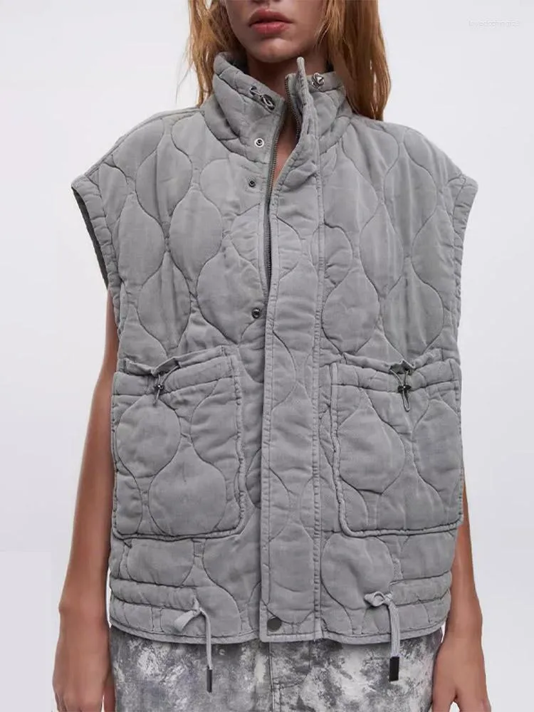 Gilet da donna Autunno All-match Patch Gilet a scacchi Donna Tasca con colletto alla coreana Abbigliamento senza maniche Top con lacci monopetto femminile Lady