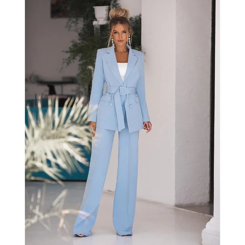 Womens Two Piece Pants Fashion Office Women Suits Sky Blue Blazer Jacket Notched Lapel Double Breasted Terno Slim Fit Costume 230921