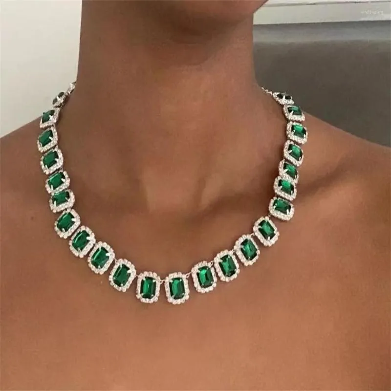 Chaînes 2023 Collier de cristal vert de luxe Chaîne Collier pour femme Déclaration Strass Cube Bijoux Accessoires de mariage