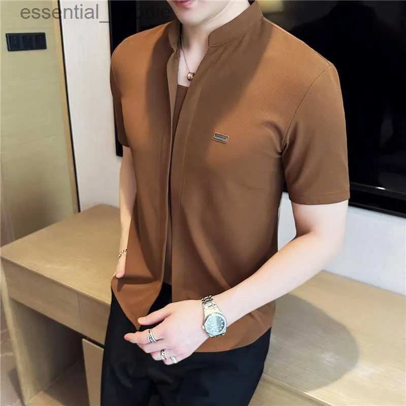 Koszule sukien męskich plus size 4xl-m letnia stojak na stojak z krótkim rękawem dla mężczyzn odzież 2023 Projekt mody Slim Fit Casual Tuxedo Sprzedaż L230921