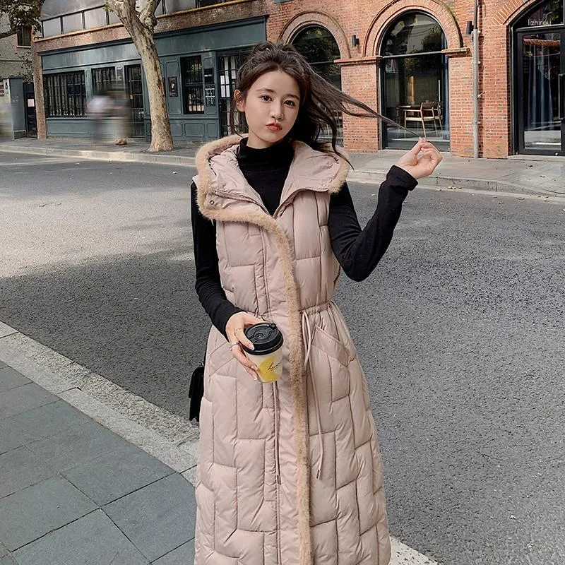 Chalecos de mujer Coreano Mink Hair Patchwork Plaid Chaleco largo Down Chaqueta de algodón Moda Otoño con capucha Acolchado Mujer Abrigo 2023 Chalecos de mujer