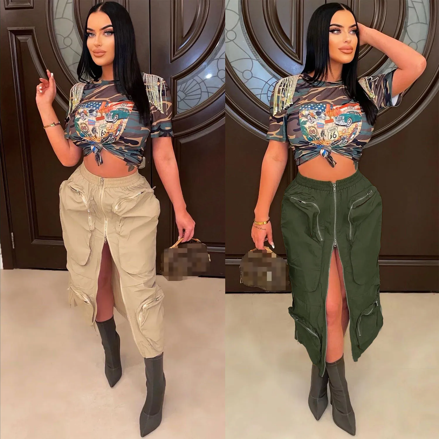 Two Piece Dress Plus Size Elastic Waist Khaki Army Green Cargo Skirt 2023 Summer Women Y2K Front 3D Pockets Center Zipper Midi Skirts Streetwear 230920