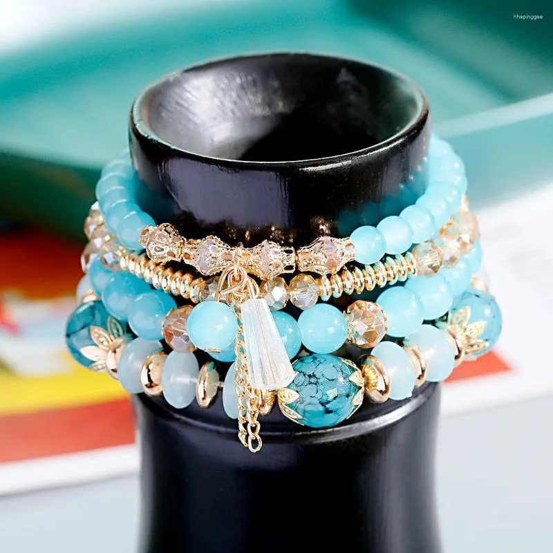 Braccialetti con perline di pietra blu stile bohémien per le donne Gioielli a mano con ciondolo a forma di catena di moda vintage con nappa in cristallo
