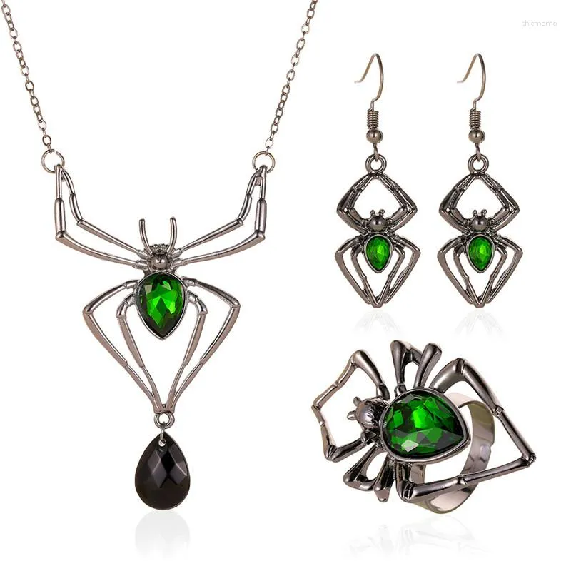 Halsband örhängen set zoshi punk halloween smycken för kvinnor retro grön kristall spindel ring överdriven