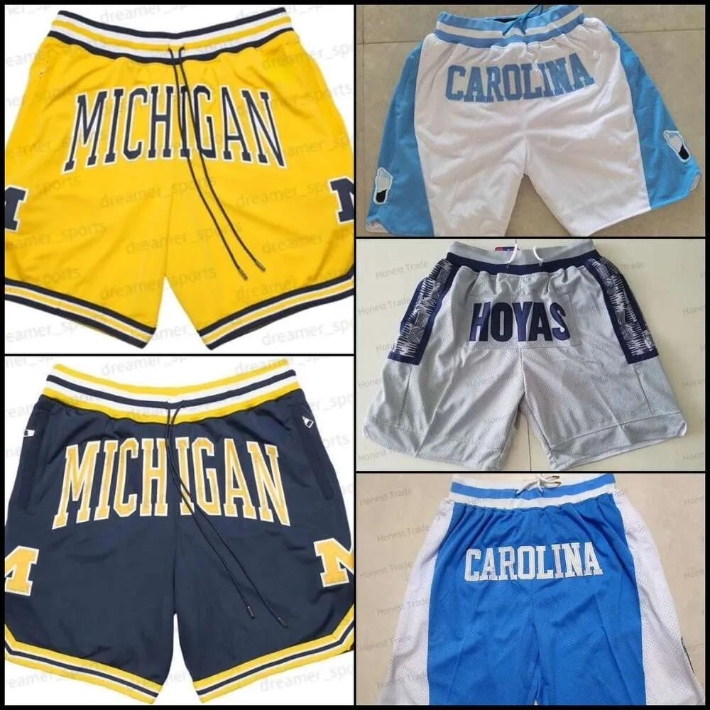 Pantaloncini da basket College Carolina Georgetown Hoyas Michigan Carolina Zipper Pantaloncini da uomo TUTTI cuciti Pantaloni estivi con tasche Blu