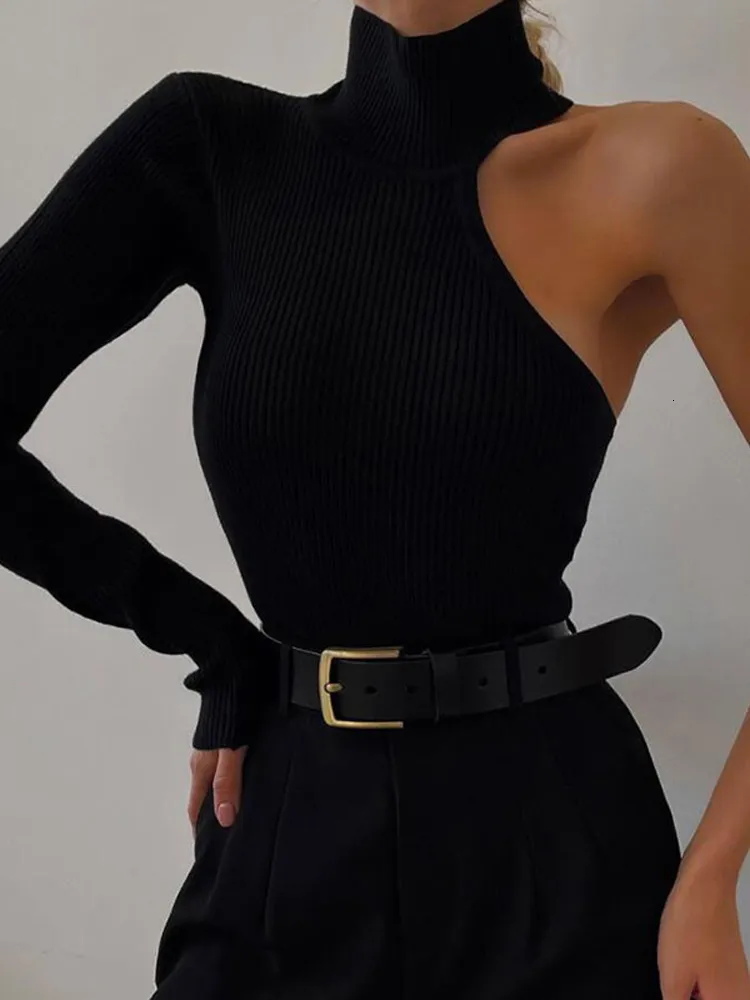 Womens Jumpsuits Rompers Tossy Black Turtleneck Bodysuit Women Sexy One Shoulder Long Sleeve Body Top Female Bodycon Overalls Elegant Backless 230921
