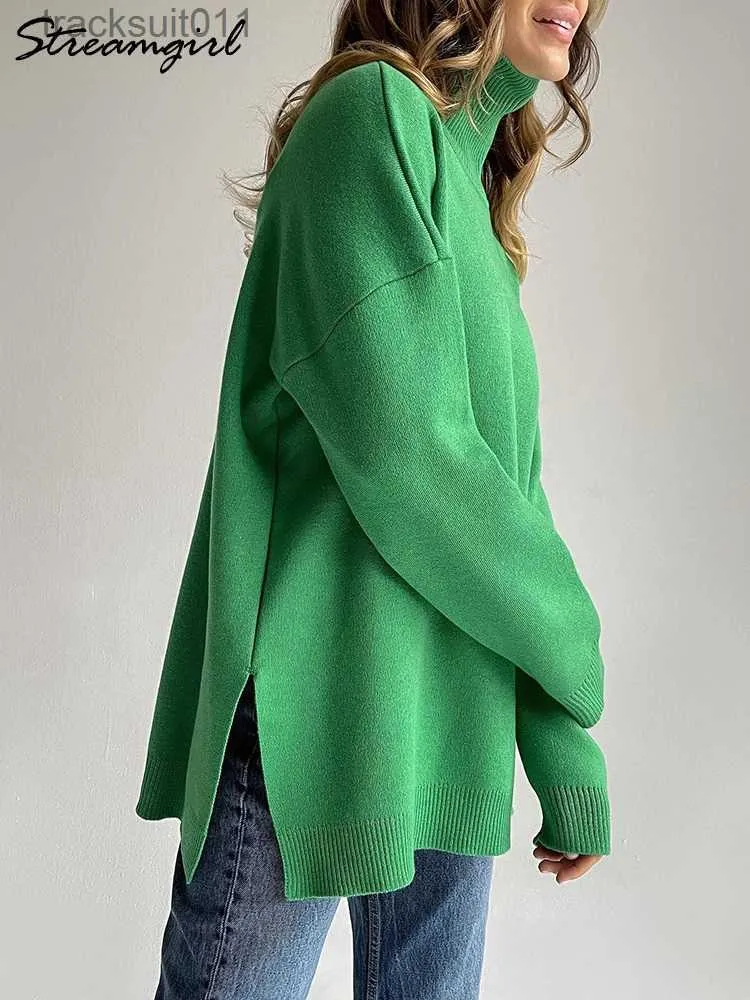 여성 스웨터 사이드 스플릿 스플릿 따뜻한 터틀넥 풀 오버 스웨터 여성 대형 겨울 탑 소프트 기본 녹색 대형 스웨터 Turtleneck L230921