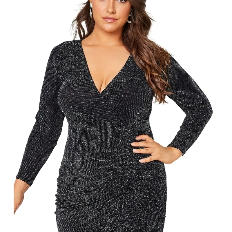 Plus size Dresses Size Elegant Spring Autumn Ruched Wrap Dres Long Sleeve Black Glitter Bodycon Dress Sheath Party 7XL 230920