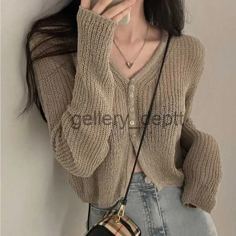 Women's Sweaters Korean Fashion Summer Knitted Cardigan Women Solid Color V-neck Long Sleeve See Through Thin Sun Protection Sweater Jackets J230921