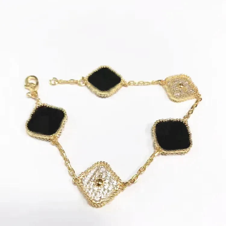 Designer Classic Lucky Vanly Cleefly Clover Black Onyx Bracelet White Gold Plated Ladies and Girls Valentine's Day Mother's Day