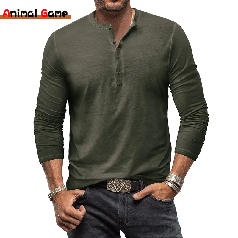 Men s T Shirts Cotton Henley Shirt Long Sleeve Basic Casual Band Collar T Shirts 230921