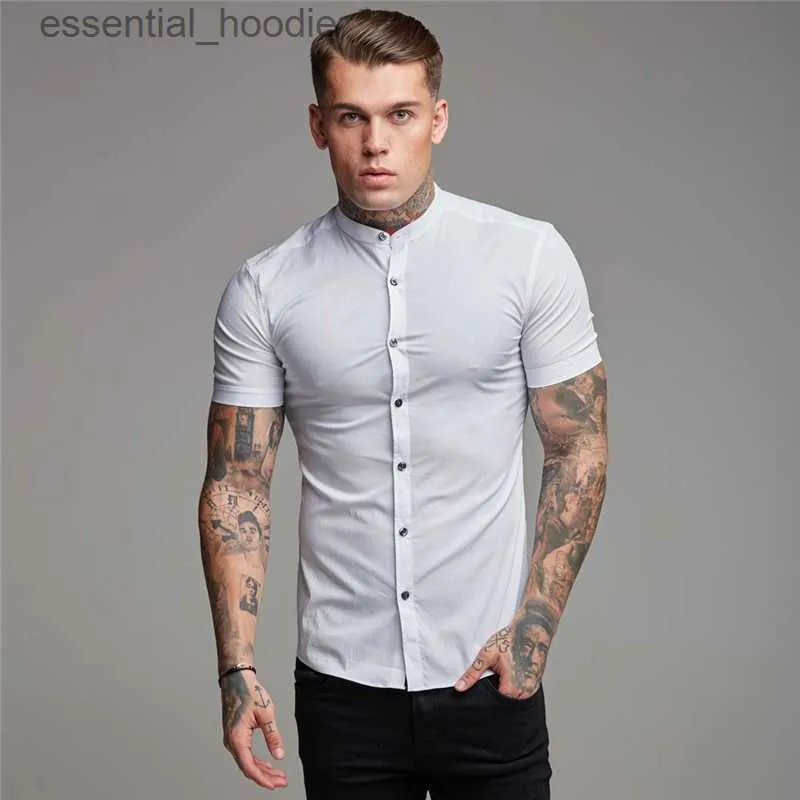 Herrklänningskjortor Nya sommarmän kort ärmskjorta Solid fitness Mens Stand Collar Super Slim Fit Business Dress Shirts Button Gym TEES TOPS L230921