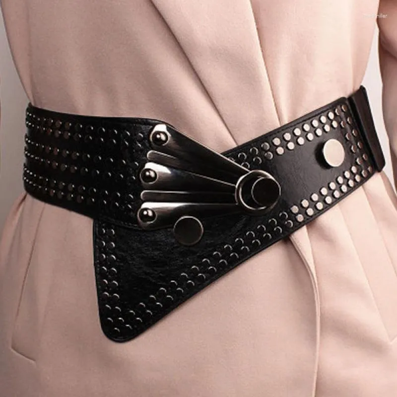 Belts Black PU Stretch Waist Wide Belt Simple Versatile Embellishing Coat Metal Accessories Gothic Style Slim Fit For Women