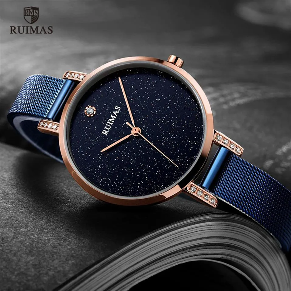 Ruimas Simple Analogue Dress Women's Watches Stainless Steel Mesh Strap Quartz Wrist Watches Lady Watch300Q