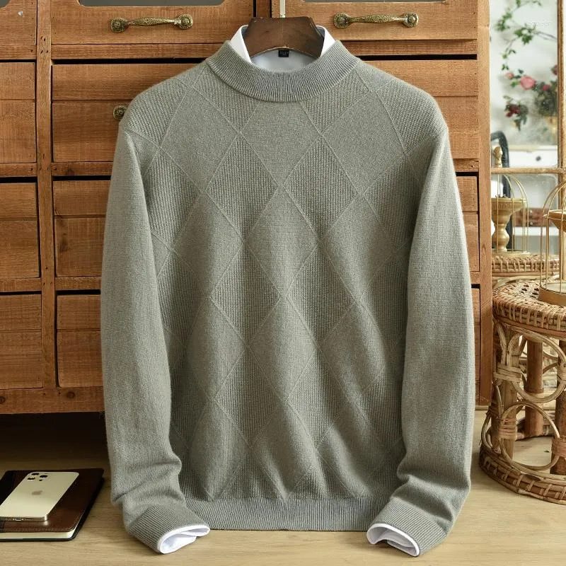 Herrtröjor 2023 Halv Hög krage Pure Cashmere Sweater Pullover Middle Aged Solid Diamond Jacquard Winter Sticked