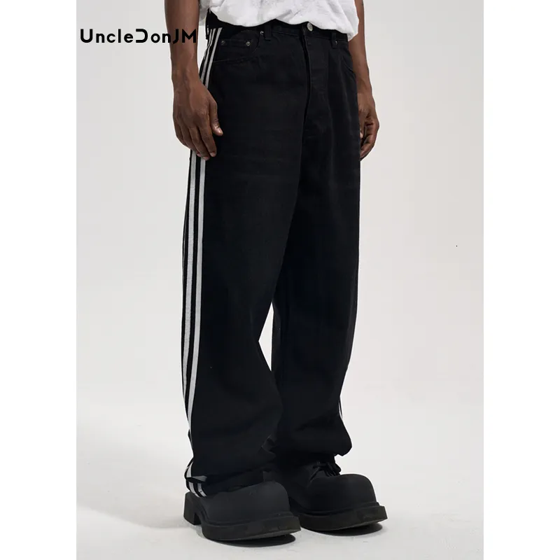 Heren Jeans UncleDonJM Zijstreep voor Mannen Street Wear Wijde Pijpen Denim Streetwear Broek Baggy Zwart 230921