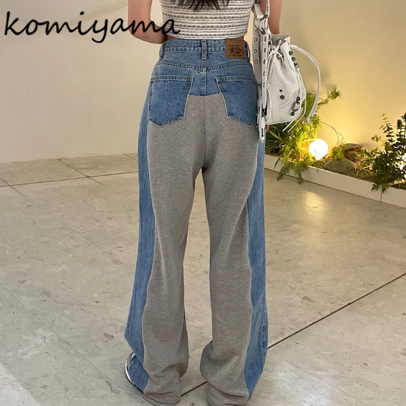 Erkekler jeans komiyama kontrast renk eklenmiş delik yüksek bel geniş bacak pantalonları mujer düz denim pantolon sonbahar kadın giyim 230921