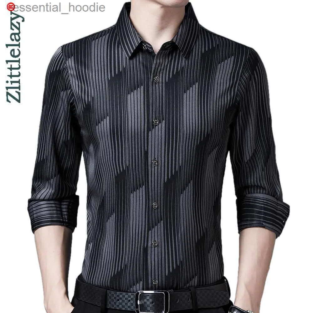 Koszulki męskie 2022 Zupełnie nowe długie rękawie mężczyźni Social Shirt Streetwear Casual Striped Shirts Dress Mens Slim Fit Fashions 1302 L230921