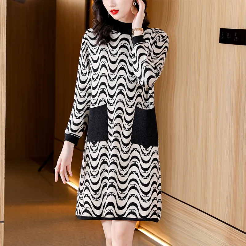 2023 Designer Striped Sweaters Dress Office Lady Long Sleeve Soft Warm Graphic knitted jumper Dress Autumn Winter Women O-Neck Slim Going Out Vacation Midi Frocks