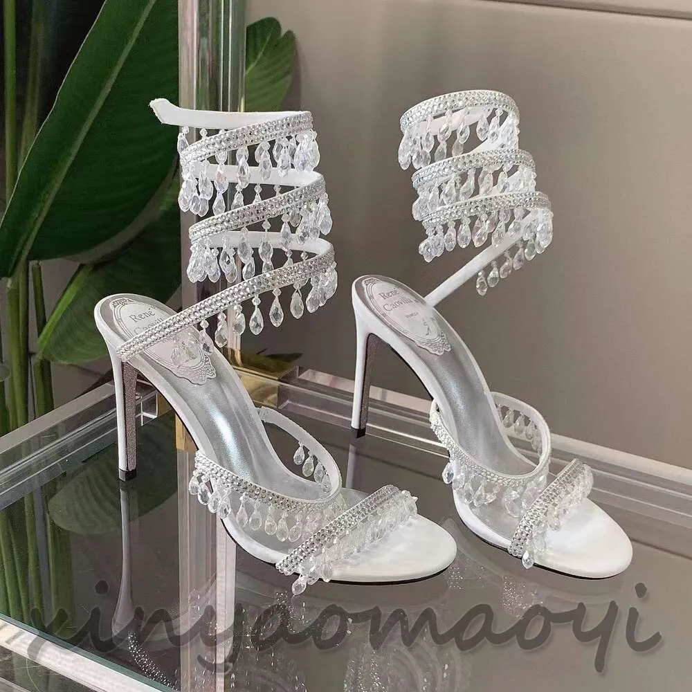 2023ss Cristaux Embellis strass Talons sandales Rene Caovilla Cleo Designers Cheville Wraparound femmes sandales à talons hauts fleur strass pas de logo