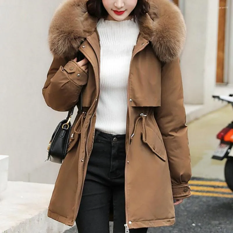 Vestes Femmes Parka Mode Long Manteau Laine Doublure À Capuchon Parkas 2023 Veste D'hiver Mince Avec Col De Fourrure Chaud Neige Porter Des Vêtements Rembourrés