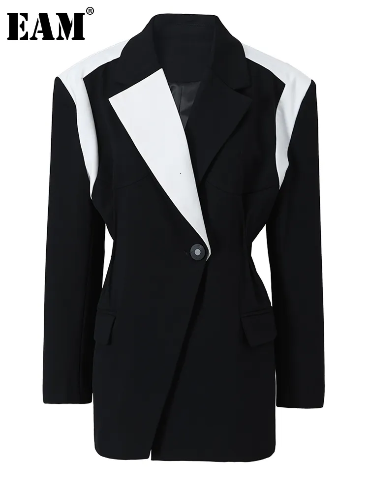 Damespakken Blazers EAM Dames Zwart Wit Kleurblok Elegante Blazer Revers Jas met lange mouwen Mode Lente Herfst 1DF076201 230920