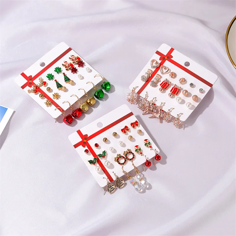 Vintage Gold Plated Mix Stud Dangle Earring For Women Colorful Bell Deer Christmas Earring Sets Lovely Girls Gifts