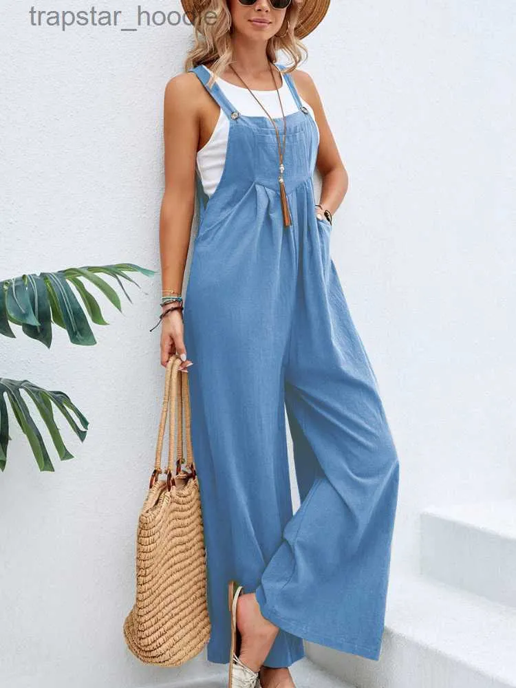 Kvinnors jumpsuits rompers kvinnor sommar svart bred ben jumpsuit eleganta söta kvinnliga byxor vintage bomull mode lösa kontor lady casual romper byxor l230921