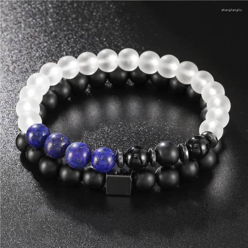 Link Bracelets 2pcs/set Men Natural Matte Lapis Lazuli Stone White Frosted Beads Energy Stretch Charm Jewelry For Women