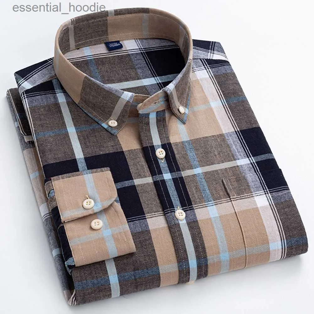 Men's Dress Shirts Men's Classic Fit Casual Plaid Linen Cotton Shirt Single Pocket Button-down Comfortable Soft Long Sleeve Stripe Checked Shirts L230921