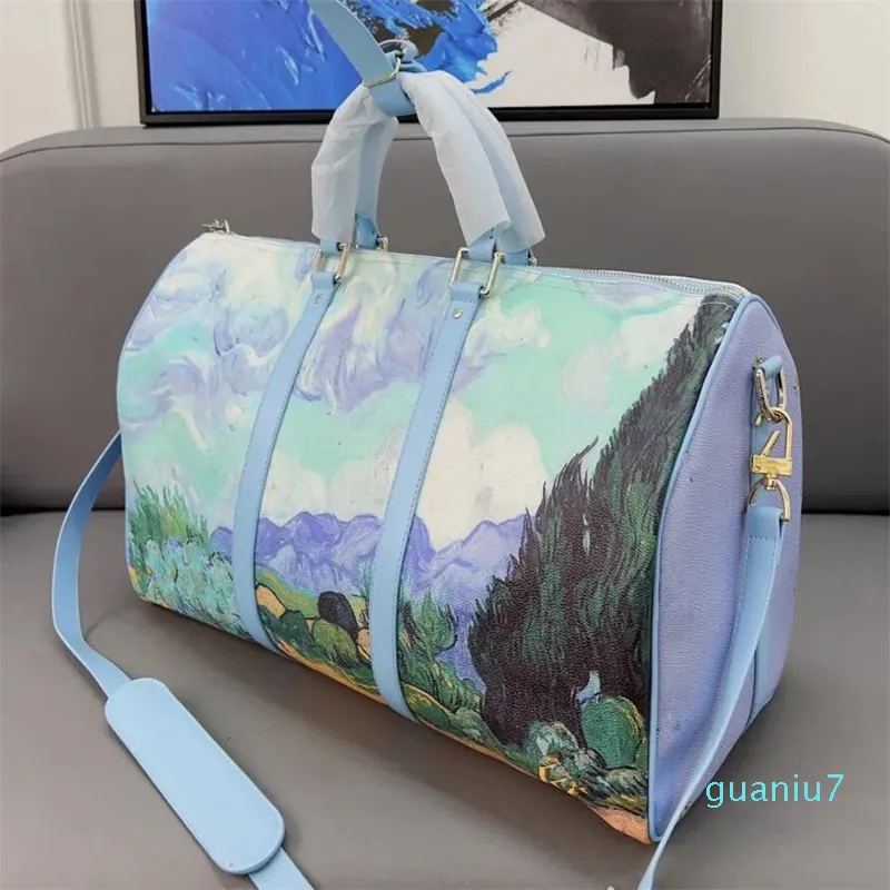 2023-Luxury Bags Unisex Travel Painting Letter Mens Travel Bag Lager Luggage本物の革製バッグ女性フィットネスヨガトートハンドバッグ