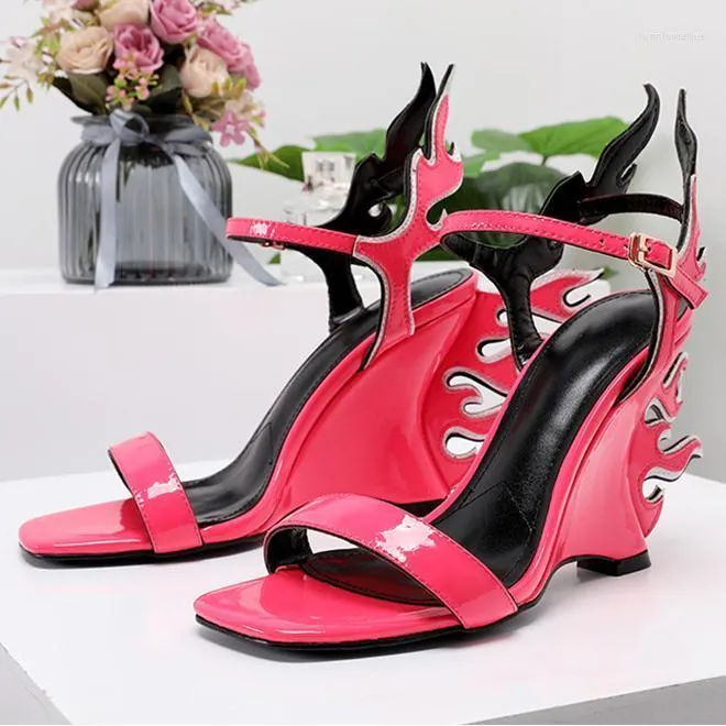 Flame Pattern High Heel Wedge Sandals With Anke Strap And Fire