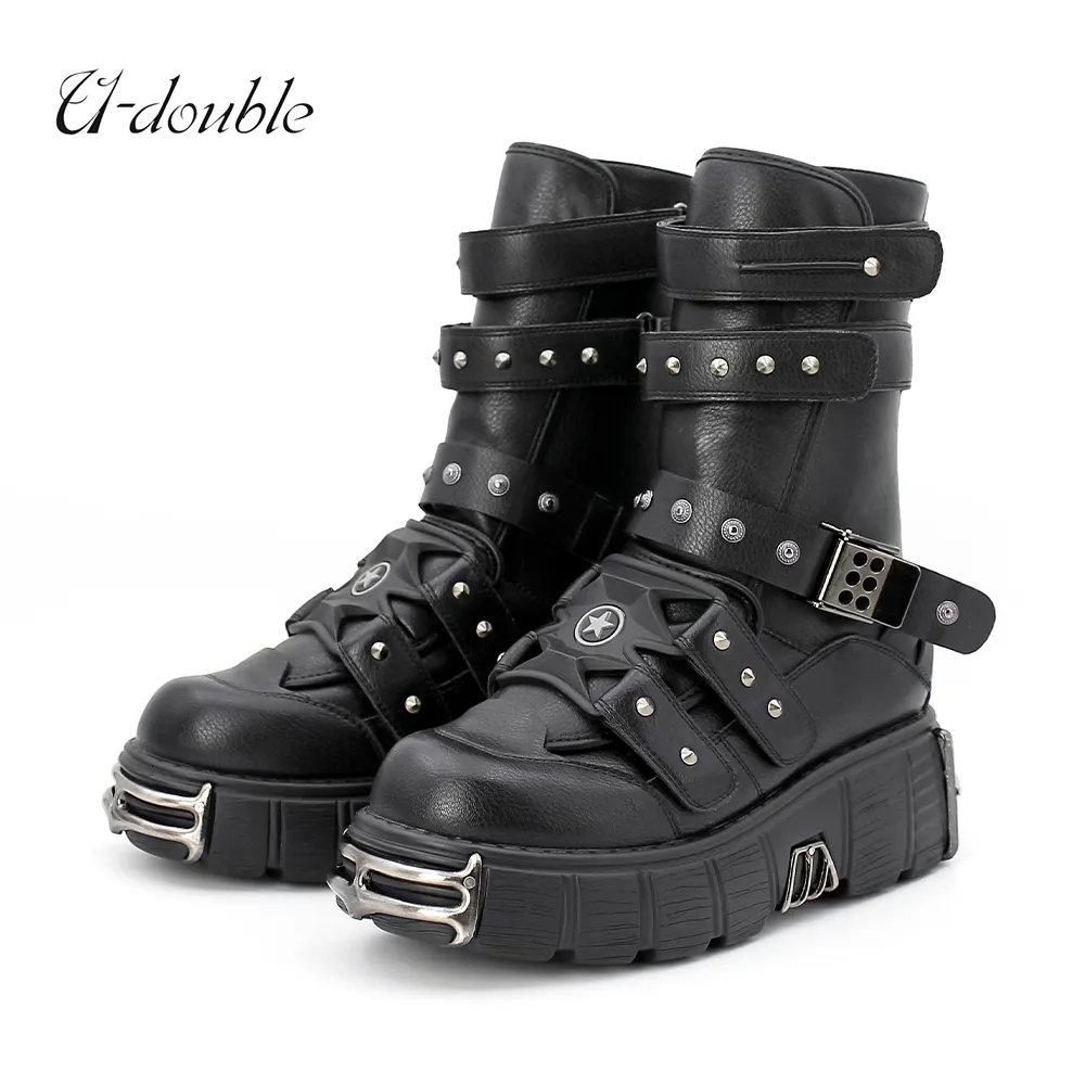 Botas estilo punk homens e mulheres sapatos de plataforma de salto alto altura 6cm mulher gótico tornozelo rock metal decoração retro 230921