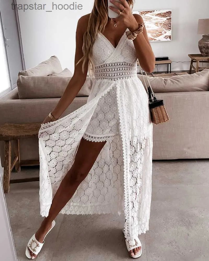 Women's Jumpsuits Rompers Summer V Neck Solid Color Lace Hollow-Out Sleeveless Sling Party Wear High Waist Rompers Holiday Casual White Women's Jumpsuit L230921
