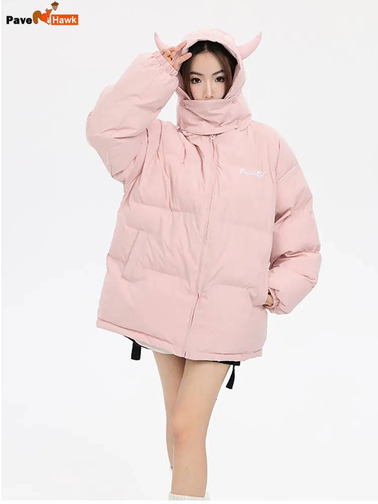 Parka da uomo in piumino con cappuccio rosa Parka uomo donna inverno corno del diavolo giacche imbottite in cotone sciolto Hip Hop Harajuku Y2k Puffer Bubble Outwear Cappotti 230920