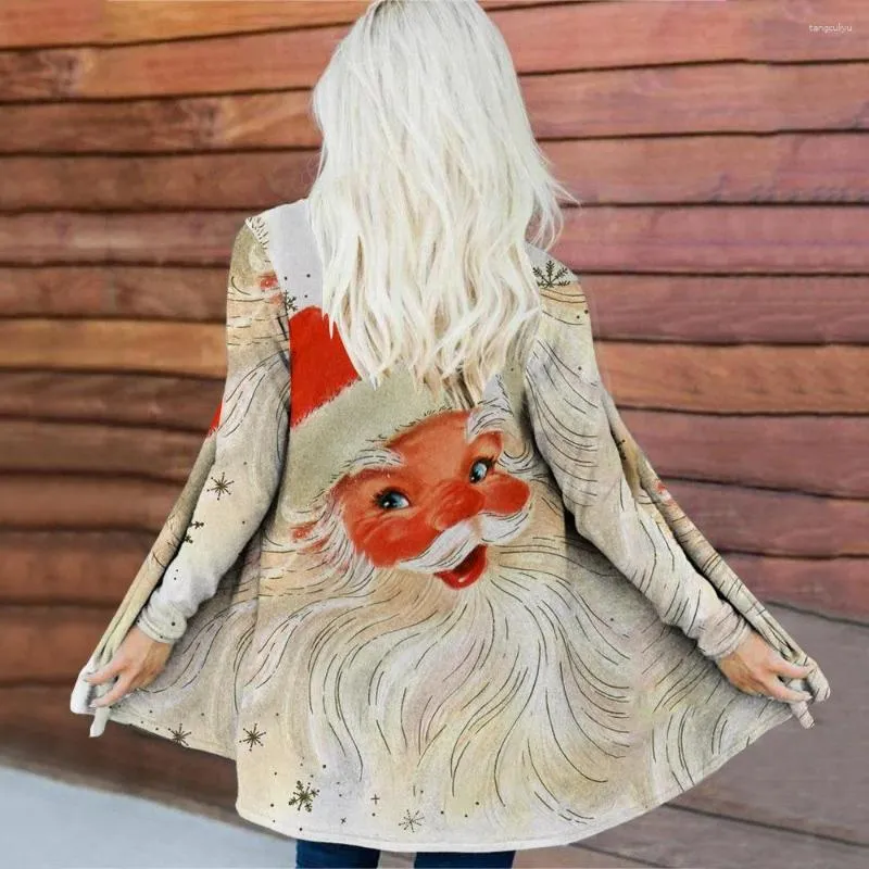 Kvinnors dikerockar Spring och Autumn Long Sleeve Jacket Casual Scarf Collar Retro Cardigan Christmas Santa Claus Printed Windbreaker