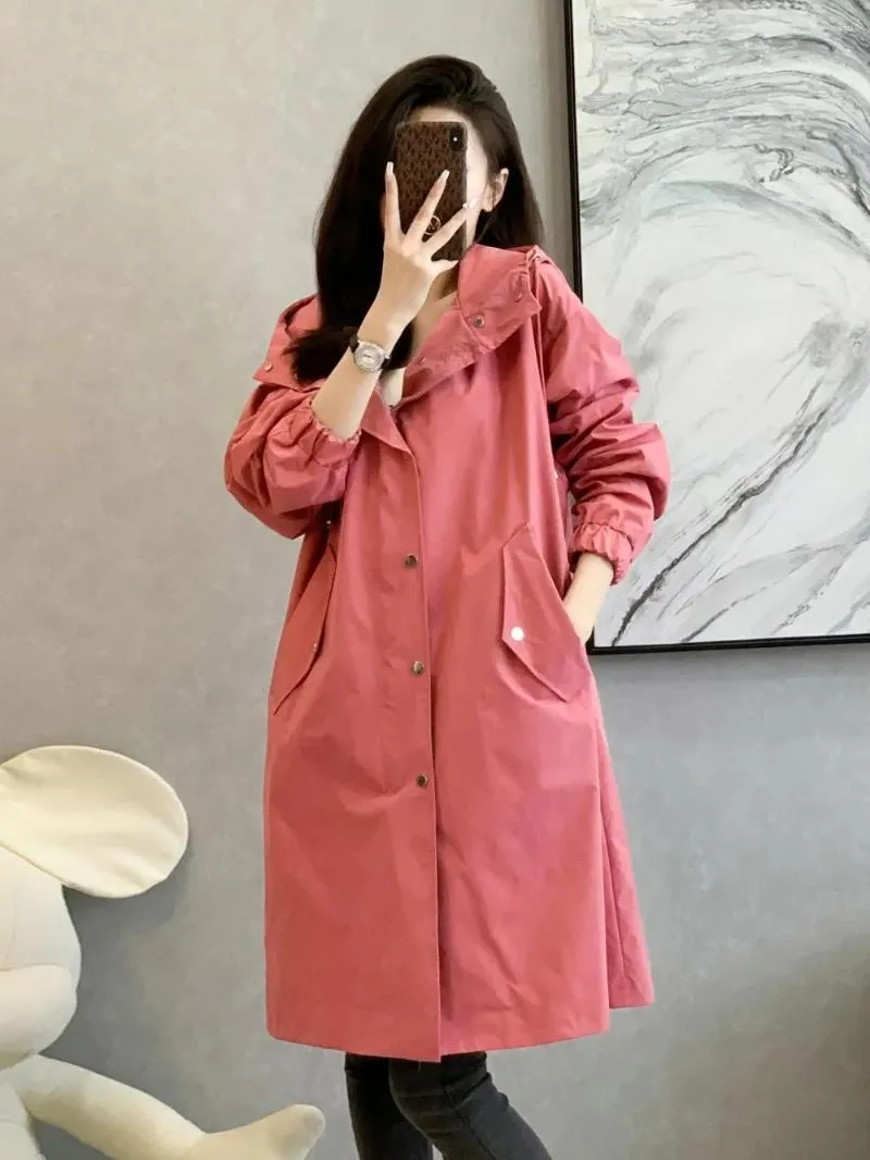 Women's Trench Coats 2023 Autumn British Style Casual Women Coat Long Sleeve Hooded Female Loose Mid-Length Zipper Windbreaker Outerwear