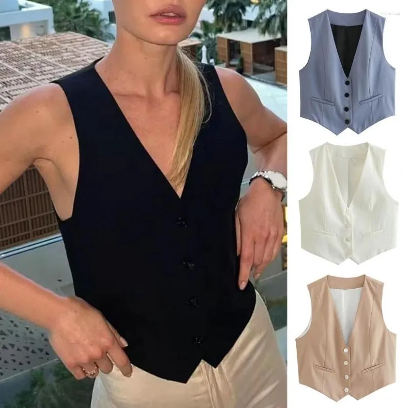 Damesvesten Zomer Dames Mouwloos vest met V-hals Enkele rij knopen Kleine zakken Slim Fit Effen Kleur Cropped vest Jas met enkele rij knopen