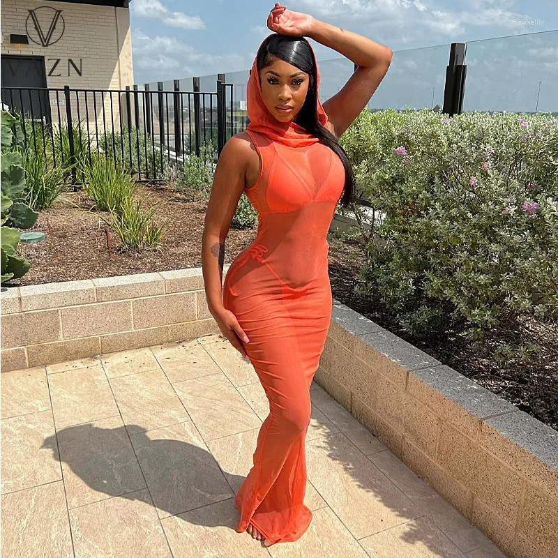 VAZN 2023 Beach Style 3 Piece Set Sleeveless Hooded Collar Work maxi dress and Bikini in Pure Color for Sexy Holiday Look