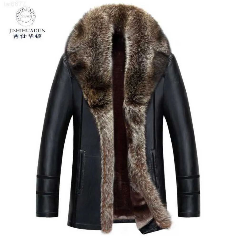 Nya vinterläderkläder PU Herrens avslappnade päls Integrerad kappa för medel- och ålderdomsföretaget förtjockat Coatrlit