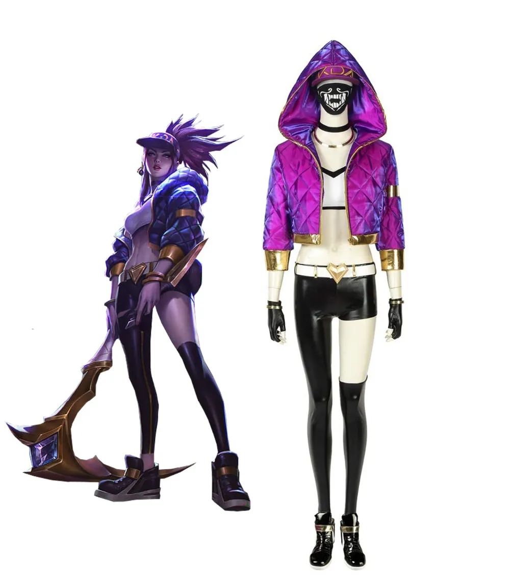 Catsuit-kostuums Akali Cosplay-kostuum LOL KDA Outfit Jas Broek Handschoenen Tas Masker Volledige set Halloween-kostuum voor dames en heren