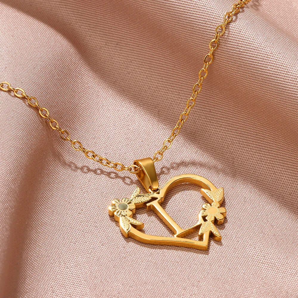 Stainless Steel A-Z Letters Name Heart Shape Pendant Necklace 18K Real Gold Plated Classic Jewelry