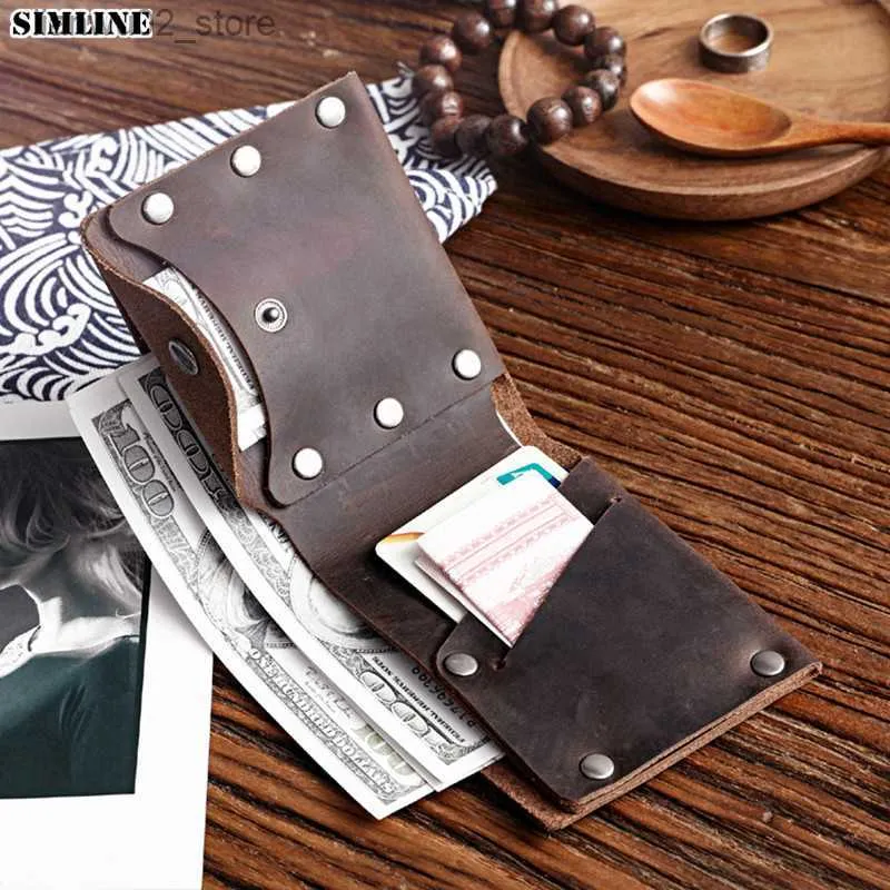 Money Clips Genuine Leather Wallet For Men Male Vintage Handmade Crazy Horse Cowhide Short Bifold Wallets Purse Card Holder With Coin Pocket Q230921