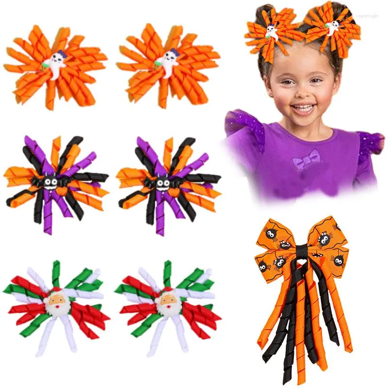 Hårtillbehör NCMAMA 2st/Set Halloween Curly Ribbon Bows For Kids Girls Ghost Ball Flower Hairpin Headwear Mode