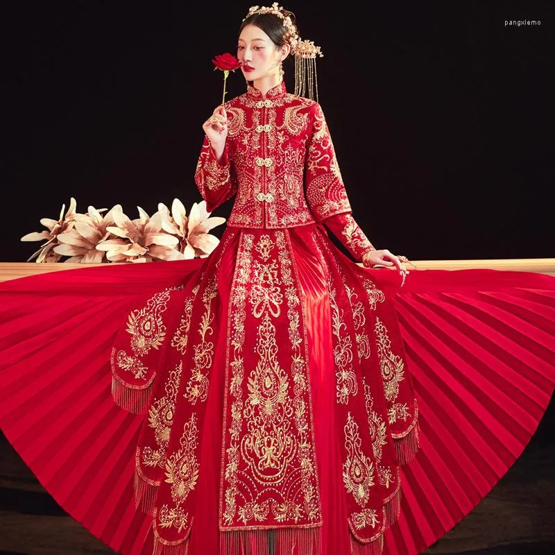 Ethnic Clothing Women Red Embroidery Wedding Dress Elegant Mandarin Collar Marriage Cheongsam Toast