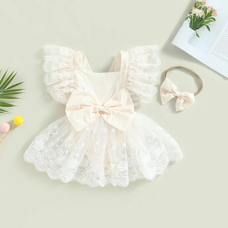 Rompers 2023-03-23 ​​LIORITIIN 0-24M spädbarn baby flickor romper klänning spets blommor ärm Square Neck Bowknot Jumpsuits med pannband