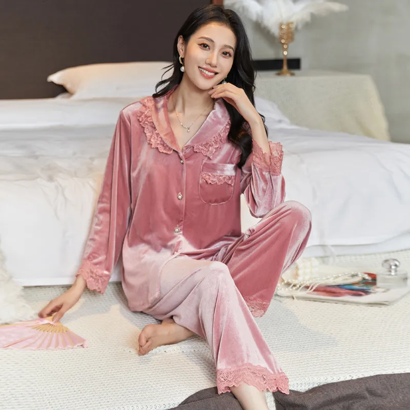 Mulheres sleepwear jxgarb laço guarnição casual noite veludo quente homewear bela feminino veludo pijamas conjuntos 230921
